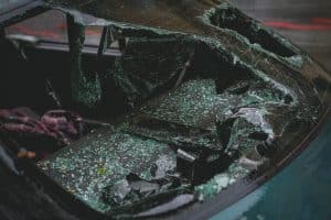 Shattered front windshield of a car