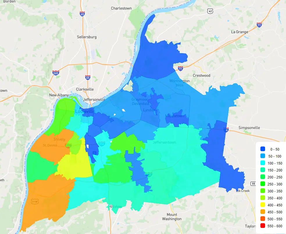  Map of Louisville, KY Dog Bites 